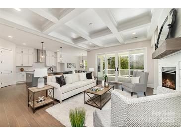 Spacious living room with coffered ceilings, fireplace, and sliding glass doors leading to the outdoors at 267 Triple Ponds Ct # 11, Clover, SC 29710