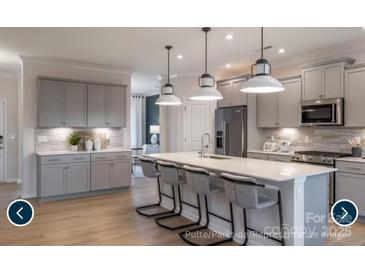 Modern kitchen featuring gray cabinets, stainless steel appliances, and an island with bar seating at 14042 Aikenwood Dr, Charlotte, NC 28278