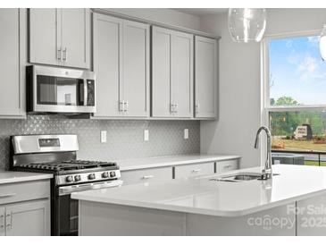 Modern kitchen featuring gray cabinets, stainless steel appliances, and stylish backsplash at 1750 Blanche St, Charlotte, NC 28262