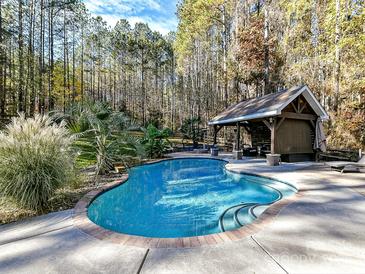 Inviting backyard pool with spacious deck, lush landscaping, and charming pool house, perfect for relaxation at 250 Kenway Loop, Mooresville, NC 28117
