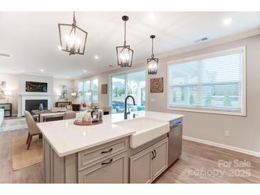 Modern kitchen with island, stainless steel appliances, and white cabinetry at 9835 Quercus Ln, Huntersville, NC 28078