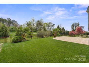 A backyard features a well-manicured lawn, mature trees and professional landscaping, as well as an outdoor patio at 253 Stone Mountain Way, Denver, NC 28037