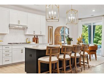 Modern kitchen with island, stainless steel appliances, and white cabinetry at 1482 Hubert Graham Way, Tega Cay, SC 29708