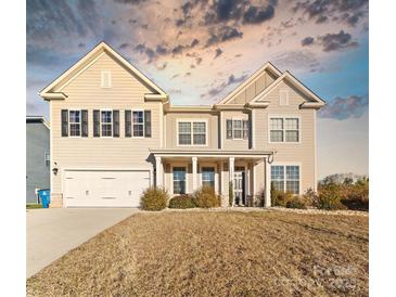 Two-story house with beige siding, a large front yard, and a two-car garage at 10045 Carousel Corral Dr, Midland, NC 28107