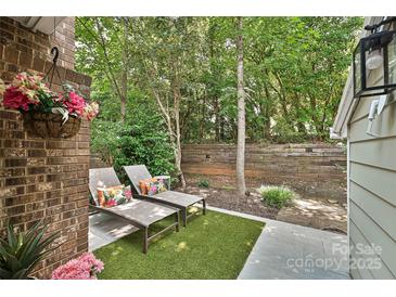Relaxing patio featuring lounge chairs with colorful pillows and lush greenery at 1077 Sardis Cove Dr, Charlotte, NC 28270