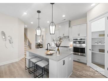 Modern kitchen with island, stainless steel appliances, and ample cabinetry at 135 Goorawing Ln, Mooresville, NC 28115