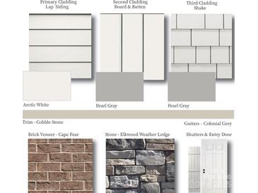 Exterior siding options: lap siding, board & batten, shake; colors: Arctic White, Pearl Gray; trim, brick veneer, stone options shown at 3312 Meadow Wood Ct # 17, Maiden, NC 28650