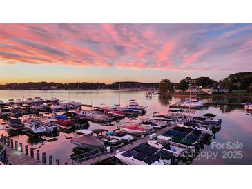 Stunning sunset view over a marina filled with boats at 18669 Vineyard Point Ln, Cornelius, NC 28031