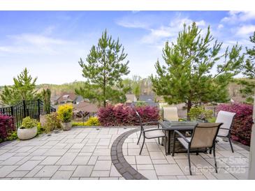 Gorgeous outdoor patio with dining and fire pit offers serene neighborhood views at 6289 Raven Rock Dr, Denver, NC 28037