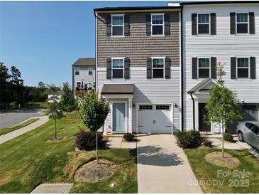 Two-story townhome with gray siding, light blue door, and two-car garage at 11005 Woodland Creek Way, Charlotte, NC 28262