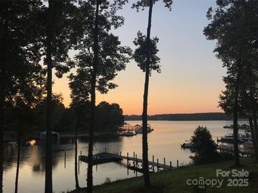 Beautiful sunset view of the lake, framed by tall trees and docks for boating at 113 Angler Pl, Mooresville, NC 28117