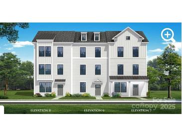 Three-story townhome boasting a charming farmhouse exterior with gray siding and a dark roof at 14016 Felix Ln # 6, Charlotte, NC 28277
