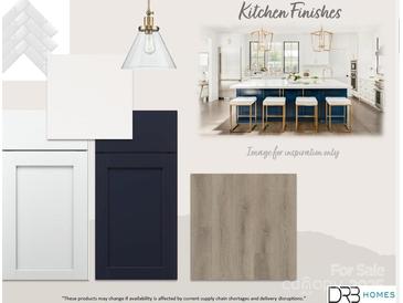 A kitchen finish design featuring navy and white cabinets, wood flooring, and brass pendant lighting, great for modern homes at 14028 Felix Ln # 3, Charlotte, NC 28277
