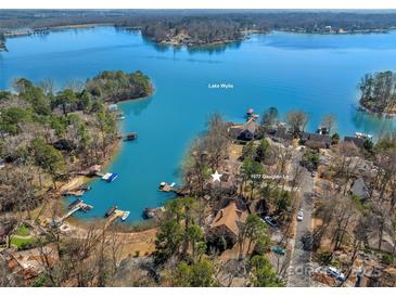 Stunning aerial view of lakefront property with private docks and lush greenery on Lake Wylie at 1077 Gauguin Ln, Tega Cay, SC 29708