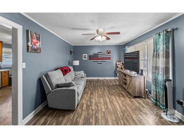 Cozy living room featuring hardwood floors, a gray sofa, ceiling fan, and modern entertainment center at 226 Bradley Farm Rd, Statesville, NC 28625