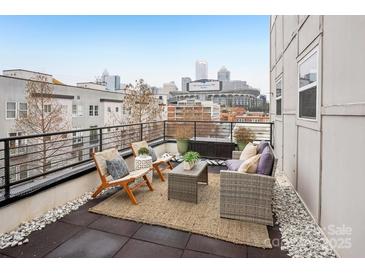 Relax on this condo's charming patio with stylish furniture and skyline views at 971 Westmere Ave, Charlotte, NC 28208