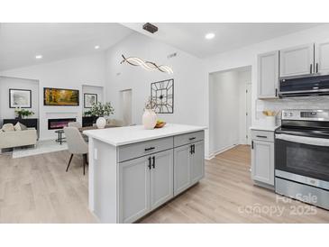 Open-concept kitchen boasts an island, gray cabinets, stainless appliances, and ample counter space at 608 Picketts Cir, Indian Trail, NC 28079