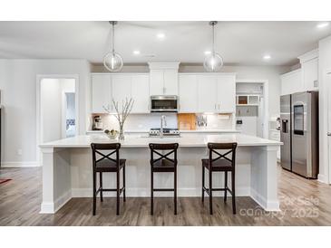Modern kitchen featuring a large island with barstool seating, stainless steel appliances, and stylish pendant lighting at 6858 Hunts Mesa Dr, Fort Mill, SC 29707