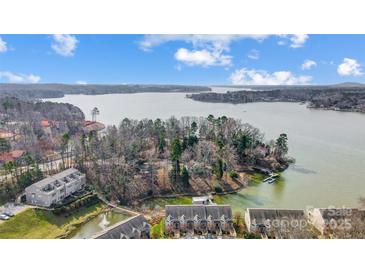 Breathtaking aerial view showcasing waterfront property surrounded by tranquil waters, mature trees and dock at 14021 Queens Harbor Rd, Charlotte, NC 28278