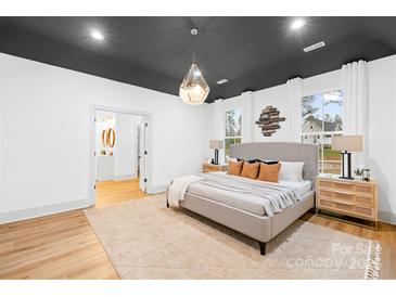 Well-lit bedroom features neutral colors, a stylish pendant light, and an en-suite bathroom at 5147 Star Magnolia Ct, Clover, SC 29710
