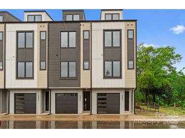Modern townhome exterior showcasing a three-story facade with a contemporary design and private garages at 3202 Riley Ave, Charlotte, NC 28269