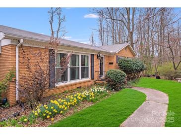 Charming brick home with a well-manicured lawn, walkway, and lovely flower bed featuring daffodils at 1377 Buckingham Ave, Gastonia, NC 28054