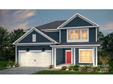 Charming two-story home with blue siding, white trim, a red front door and an attached two-car garage at 9508 Coast Laurel Nw Ave, Concord, NC 28027