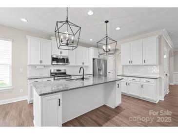 Modern kitchen with granite counters, stainless appliances, white cabinets, and stylish pendant lighting at 3017 Woodlands Creek Dr, Monroe, NC 28110