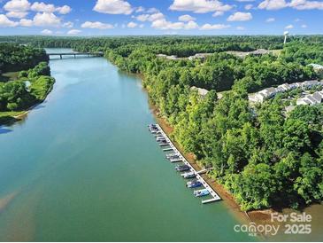 Stunning aerial view of lakefront property with boat docks surrounded by lush greenery and serene waters at 769 River Park Rd, Belmont, NC 28012