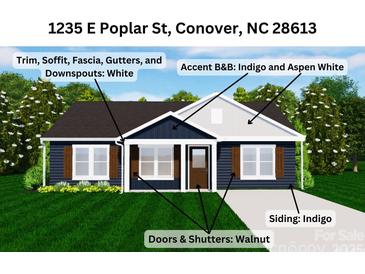Charming single-Gathering home featuring indigo siding, walnut doors and shutters, and green landscaping at 1235 E Poplar St, Conover, NC 28613