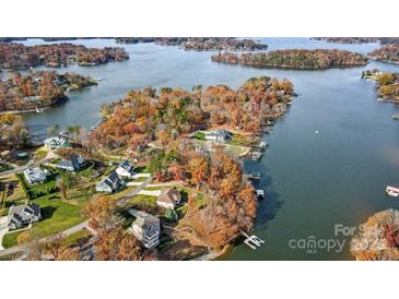 Stunning aerial view of lakefront homes surrounded by colorful autumn trees, offering serene waterfront living and scenic beauty at 226 Hermance Ln, Mooresville, NC 28117