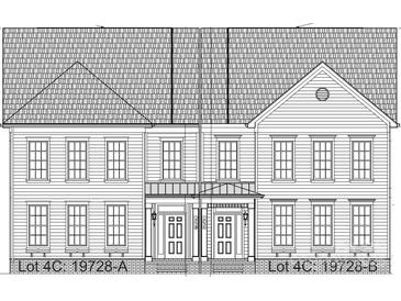 Detailed architectural elevation of a two-story townhome featuring symmetrical window placement and a gabled roof at 19728-B School St, Cornelius, NC 28031