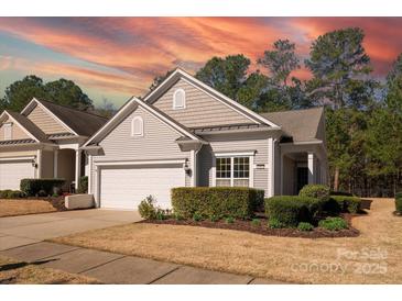 Charming one-story home with a well-manicured lawn, an attached garage, and a beautiful sunrise sky at 1005 Sweetleaf Dr, Fort Mill, SC 29707