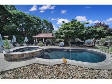 Backyard pool featuring a jacuzzi, small pool house, and water fountain at 1569 Benjamen Latrobe Cir, Fort Mill, SC 29708