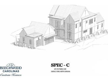Detailed architectural sketch of a two-story home with a prominent attached two-car garage at 214 Paddle Ln # 214, Sherrills Ford, NC 28673
