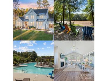 A collage shows the exterior, backyard seating, the community pool, and the living room at 6398 Chimney Bluff Rd, Lancaster, SC 29720