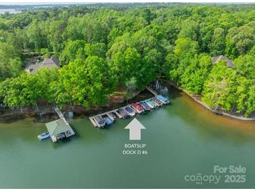 Scenic aerial view showcasing the boat slip and lush greenery surrounding the Lake Norman property at 4646 Eagle Pointe Ct, Denver, NC 28037