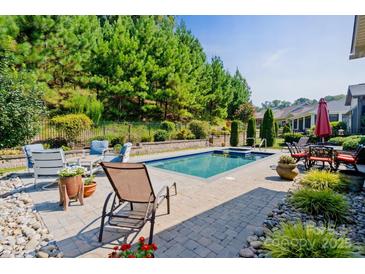 Relaxing backyard pool area with stone patio, green landscaping, and plenty of space for outdoor entertaining at 650 Tallulah Falls Dr, Denver, NC 28037