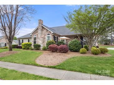 Charming stone home featuring a well-manicured lawn, mature landscaping, and inviting curb appeal at 744 Ledgestone Ct, Tega Cay, SC 29708