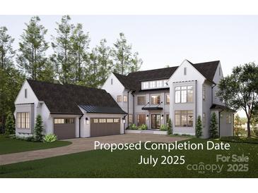 New construction home featuring a three-car garage, neutral palette, and lush landscaping at 20114 Norman Colony Rd, Cornelius, NC 28031
