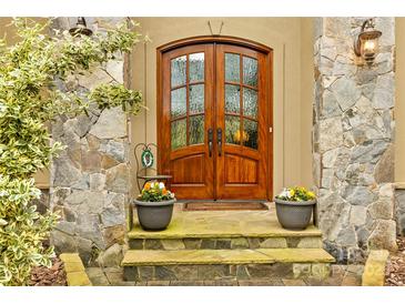 Elegant wooden front door with glass panels surrounded by stone and potted plants at 19040 Mary Ardrey Cir, Cornelius, NC 28031