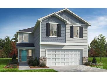 Charming two-story home featuring a stone foundation, a light blue door, a two car garage, and a manicured lawn at 142 Bellina Dr # 58, York, SC 29745