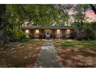 Charming single-story brick home with a welcoming walkway and lush landscaping, set against a backdrop of mature trees at 3612 Winterfield Pl, Charlotte, NC 28205