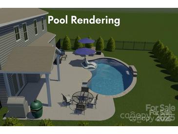 Rendering of a backyard pool with seating, umbrellas, a table and chairs, with the house visible at 704 Fresia Dr, Tega Cay, SC 29708