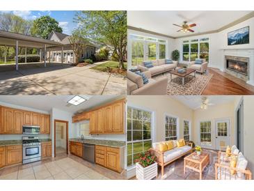 A four-image collage of the home featuring living areas, kitchen, and exterior at 7900 Gilead Rd, Huntersville, NC 28078