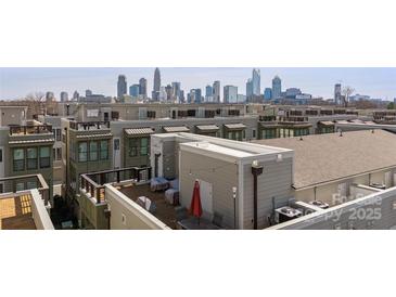 A beautiful outdoor space with a rooftop deck, city skyline view, and cozy seating for entertaining guests at 324 Uptown West Dr, Charlotte, NC 28208