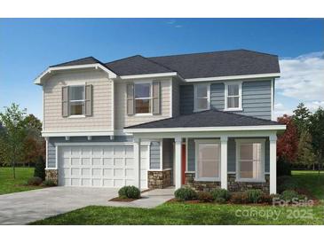 Charming two-story home with blue siding, gray trim, and a two-car garage at Lot#144 Lancashire Ct, Denver, NC 28037