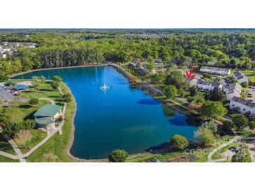 Beautiful aerial view of lakeside townhomes nestled among lush trees and landscaping at 158 Water Oak Dr, Pineville, NC 28134