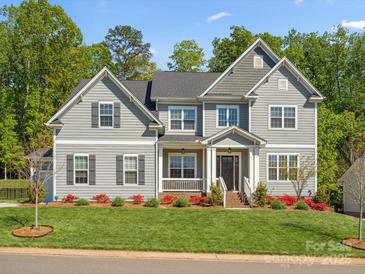 Beautiful two-story home with gray siding, black shutters, manicured lawn and landscaping at 811 Penny Royal Ave, Fort Mill, SC 29715