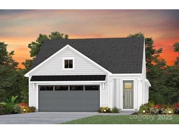 New construction single-story home with gray garage door, white siding, and professionally landscaped yard at 1619 Shoals Ave # 156, Belmont, NC 28012